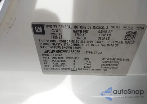 2015 Chevrolet Silverado 1500 1Lt from USA, damaged, VIN 3GCUKREC2FG186955